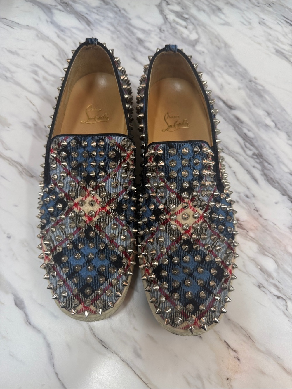 Christian Louboutin Blue Plaid Spike-Embellished Slip-Ons